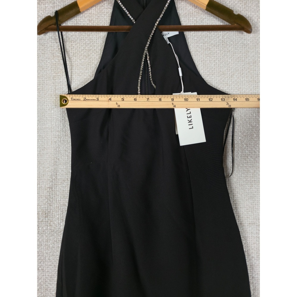 LIKELY Hadley Dress Black Halter Rhinestone Keyhole Ostrich Feather Hem Midi 0 - Picture 10 of 13